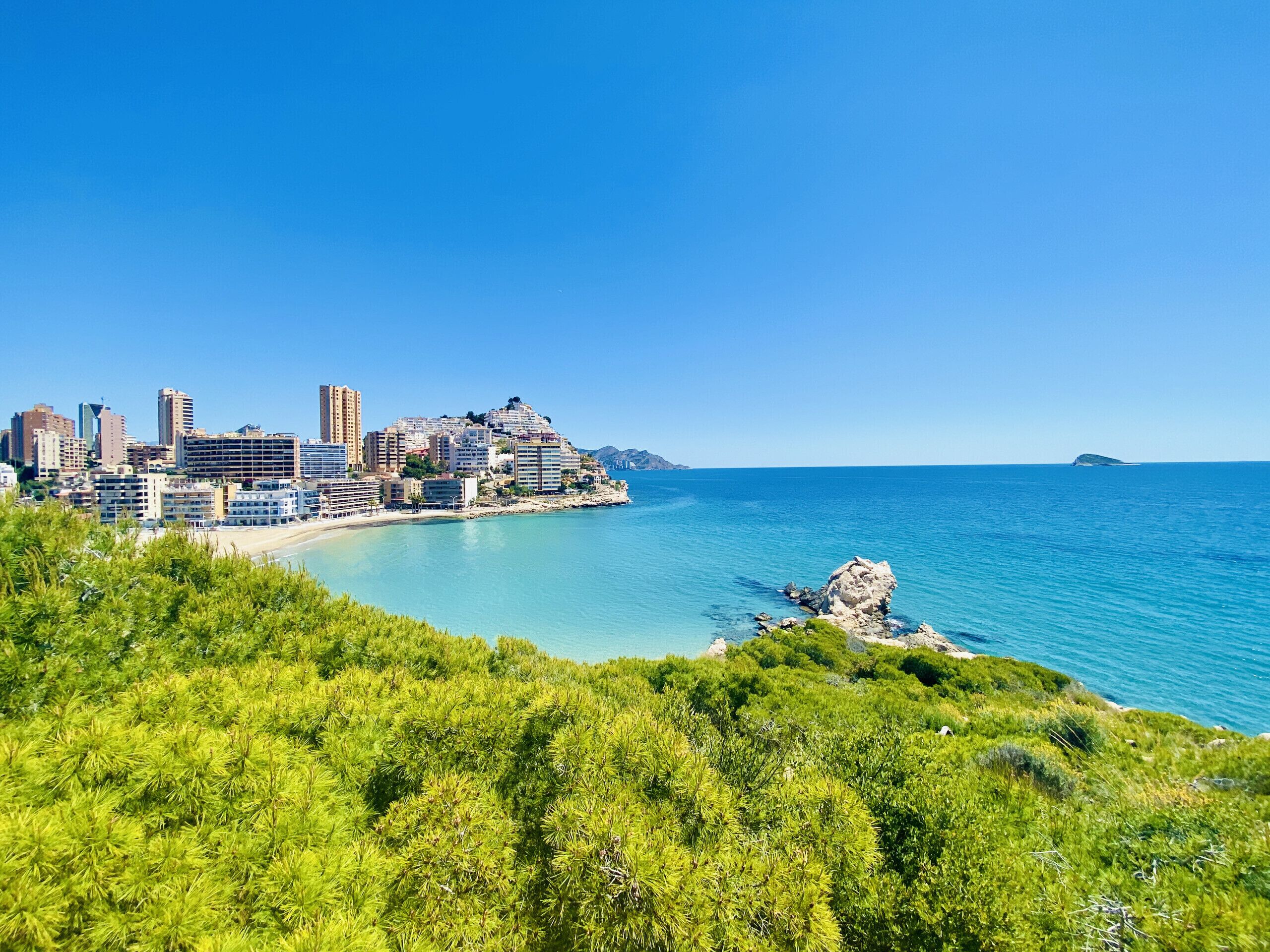 A coastal cityscape with a clear view of the sea, buildings, and a green foreground.