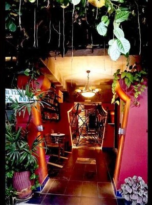 A narrow hallway with a staircase leading to a higher floor, decorated with hanging plants and a chandelier.