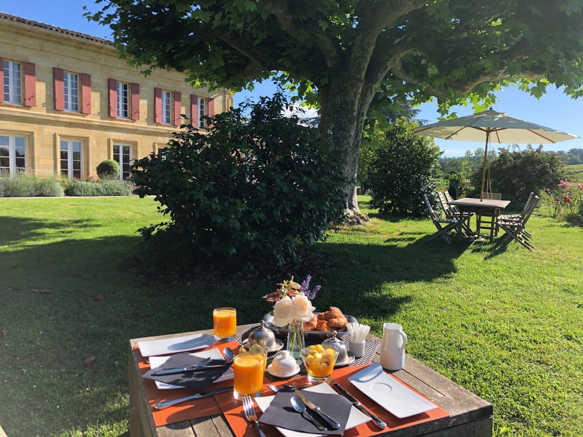 Mesa al aire libre con desayuno, un árbol grande y un edificio al fondo.