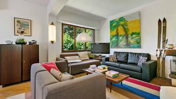 Télévision à écran plat, cheminée, chaßne hi-fi