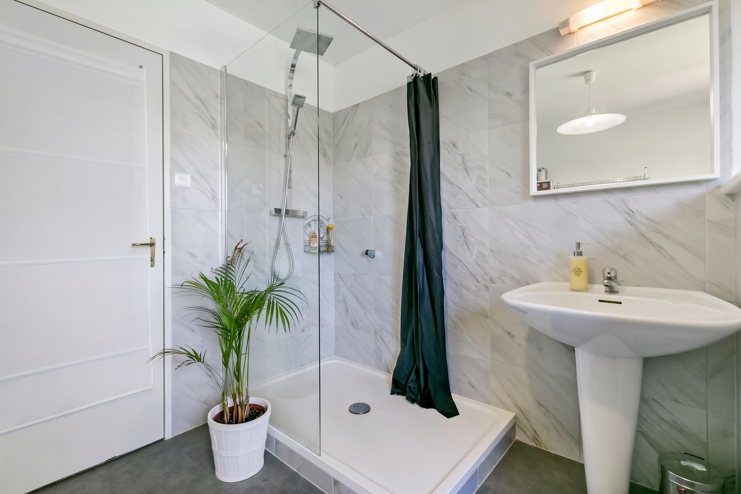 Een moderne badkamer met een douche, wastafel en een potplant.