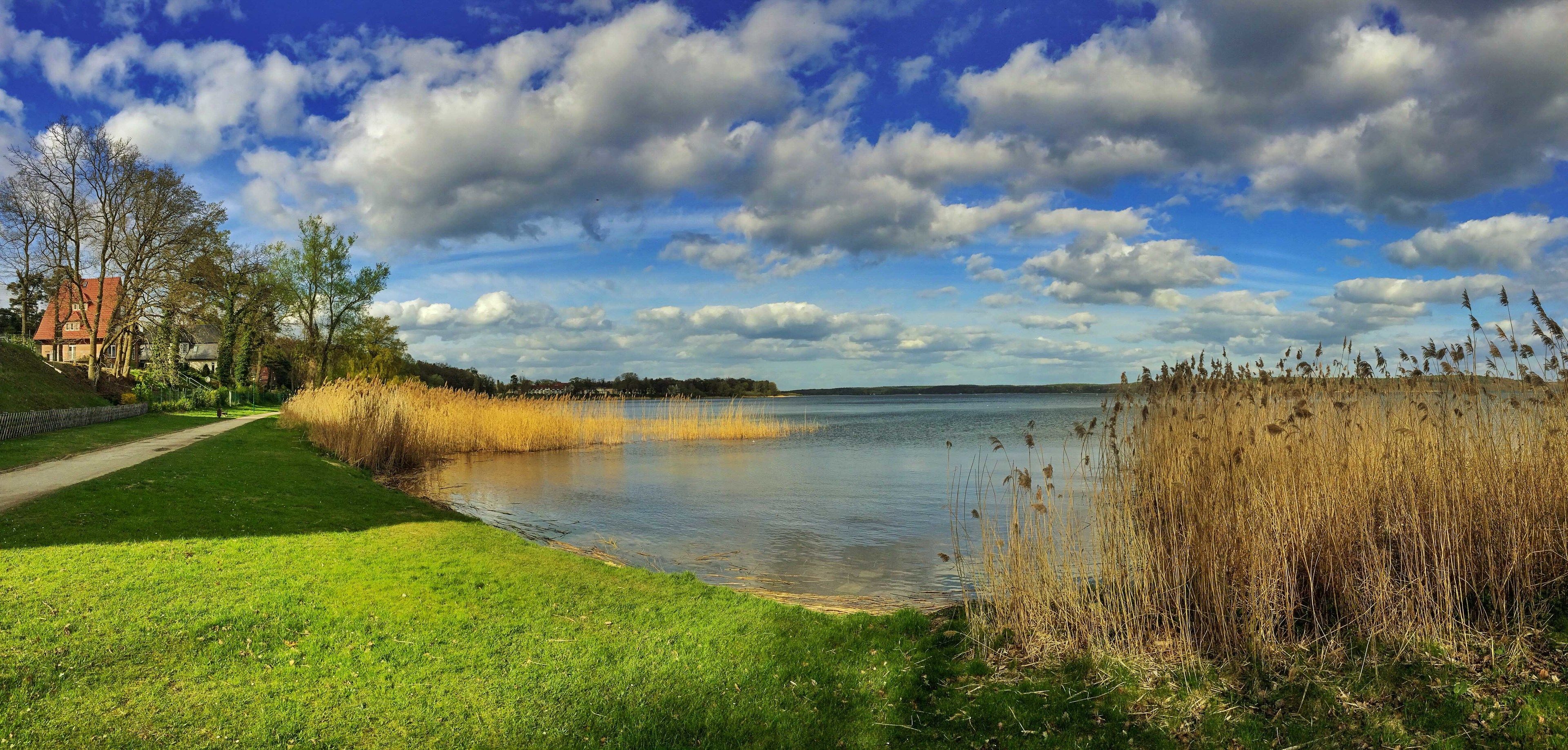 Vista sobre un lago con un camino, zonas de césped, carrizos y una casa al fondo.
