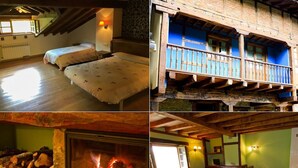Un edificio de varios niveles con un dormitorio en entrepiso, un comedor, una sala de estar y una chimenea.