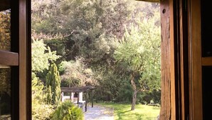 Vista desde una ventana de una casa con terraza de madera, un pequeño patio y un jardín con diversas plantas y árboles.