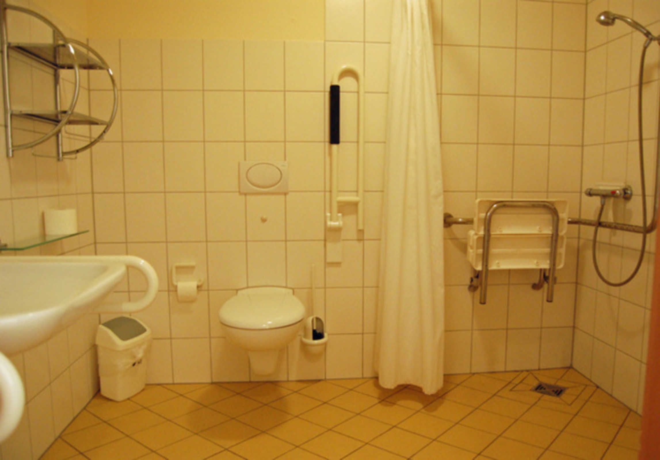 Ein Badezimmer mit Toilette, Waschbecken, Dusche und Haltegriffen.