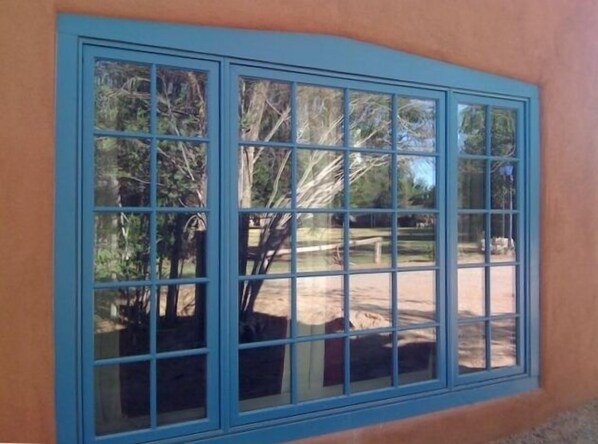 A large window with a blue frame, reflecting trees and a clear sky.