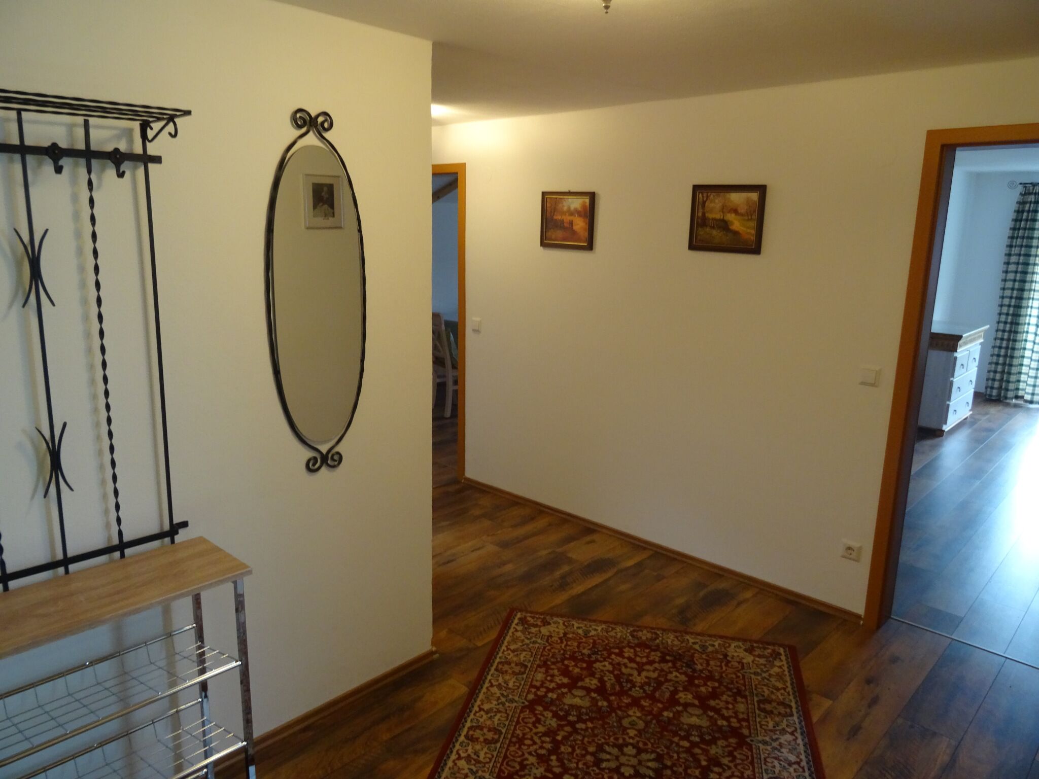 A hallway with wooden flooring, a patterned rug, a metal rack, and two framed pictures on the wall.