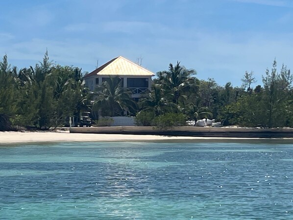 A beachfront property with a house surrounded by palm trees and a sandy beach.