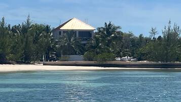 Propiedad frente al mar con una casa rodeada de palmeras y una playa arenosa.