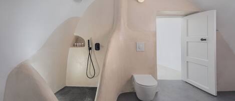A bathroom with a unique curved design, a toilet, a shower, and a door.
