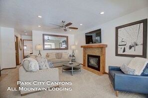 Televisión, chimenea y reproductor de DVD 