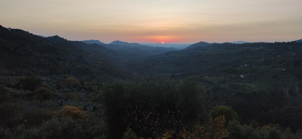A valley with a sunset in the distance, surrounded by hills and sparse vegetation.