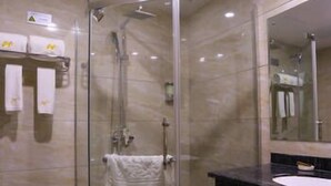 Une salle de bain avec une douche à parois de verre, un lavabo et un miroir.