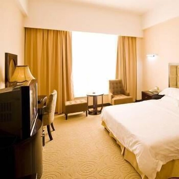 Une chambre d’hôtel avec un lit, une télévision, une chaise, une petite table et des rideaux.