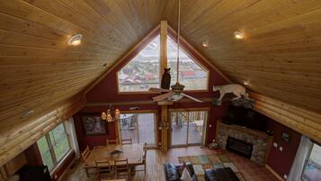 Smart-tv, eldstad, dvd-spelare och ett filmbibliotek