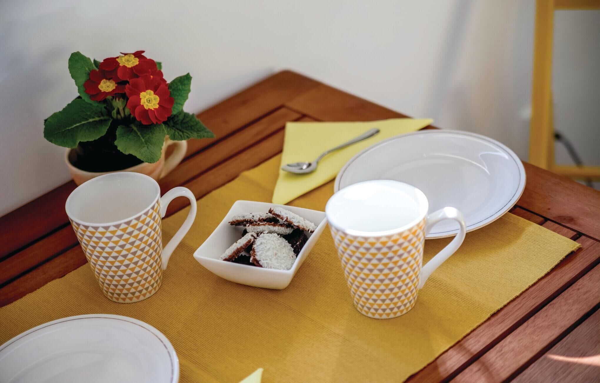 Un tavolo apparecchiato con due tazze decorate, un piatto, una ciotola con cibo, un cucchiaio e una pianta in vaso con fiori rossi.