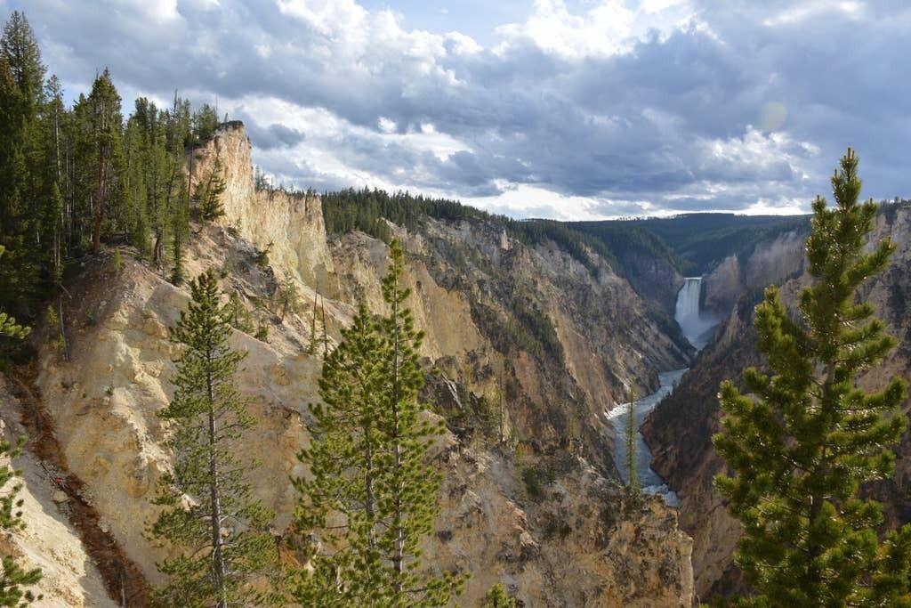 A canyon with a waterfall and dense forest.