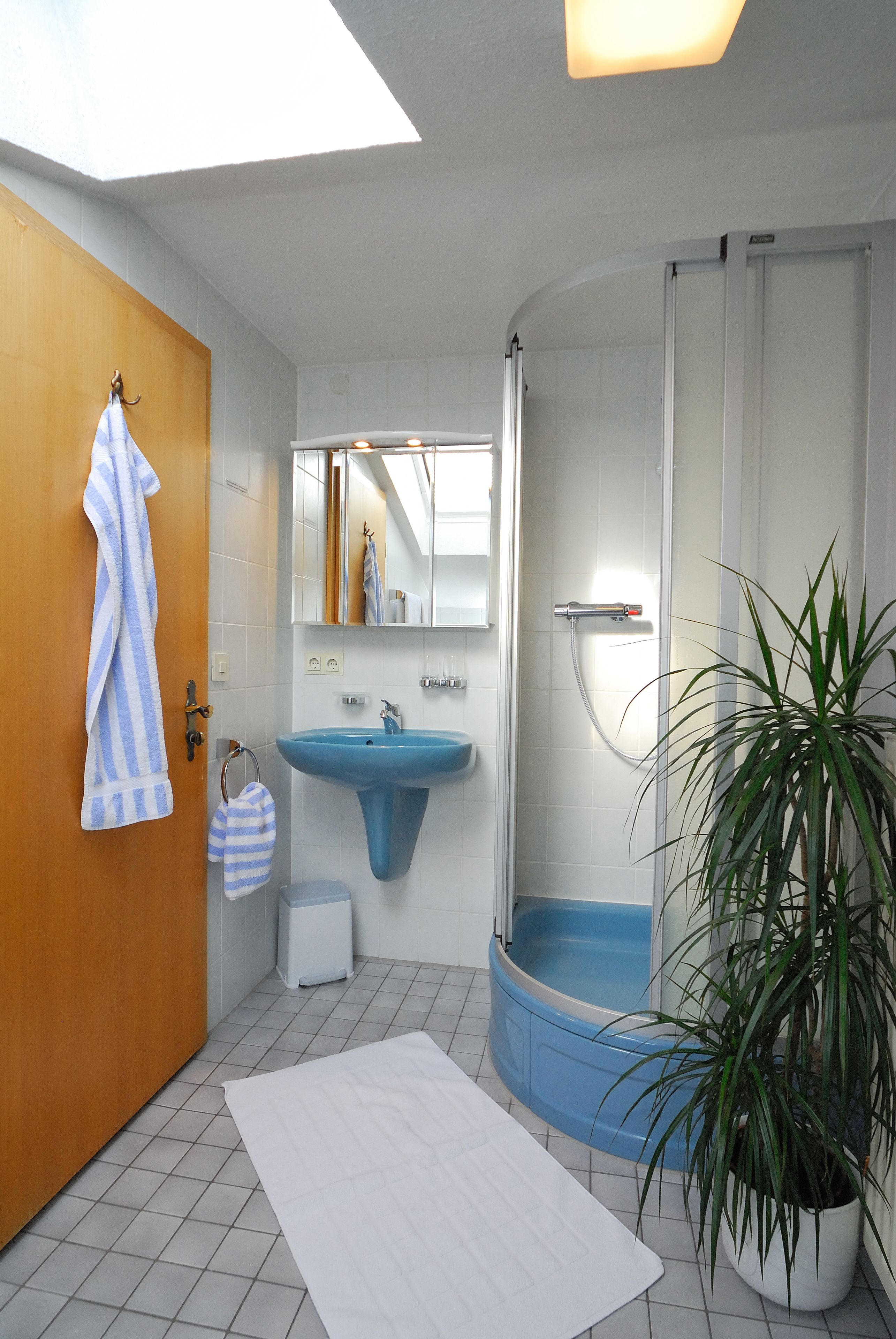 A modern bathroom with a blue sink, a shower, a wooden door, and a potted plant.
