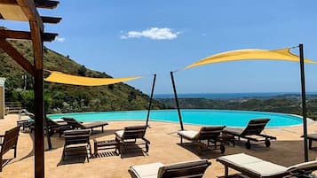 Seasonal outdoor pool, pool umbrellas, pool loungers