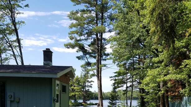 En hytte med en lille terrasse og udsigt over en sø omgivet af træer.