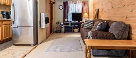 A compact living space with a kitchenette, a sofa, a TV, and a wooden wall.