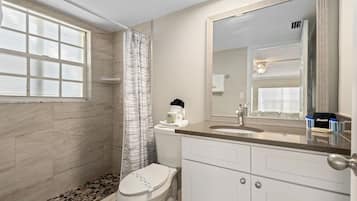 Shower, hair dryer, towels