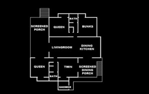 A hotel layout with a screened porch, queen and twin beds, a living room, dining kitchen, and a bathroom.