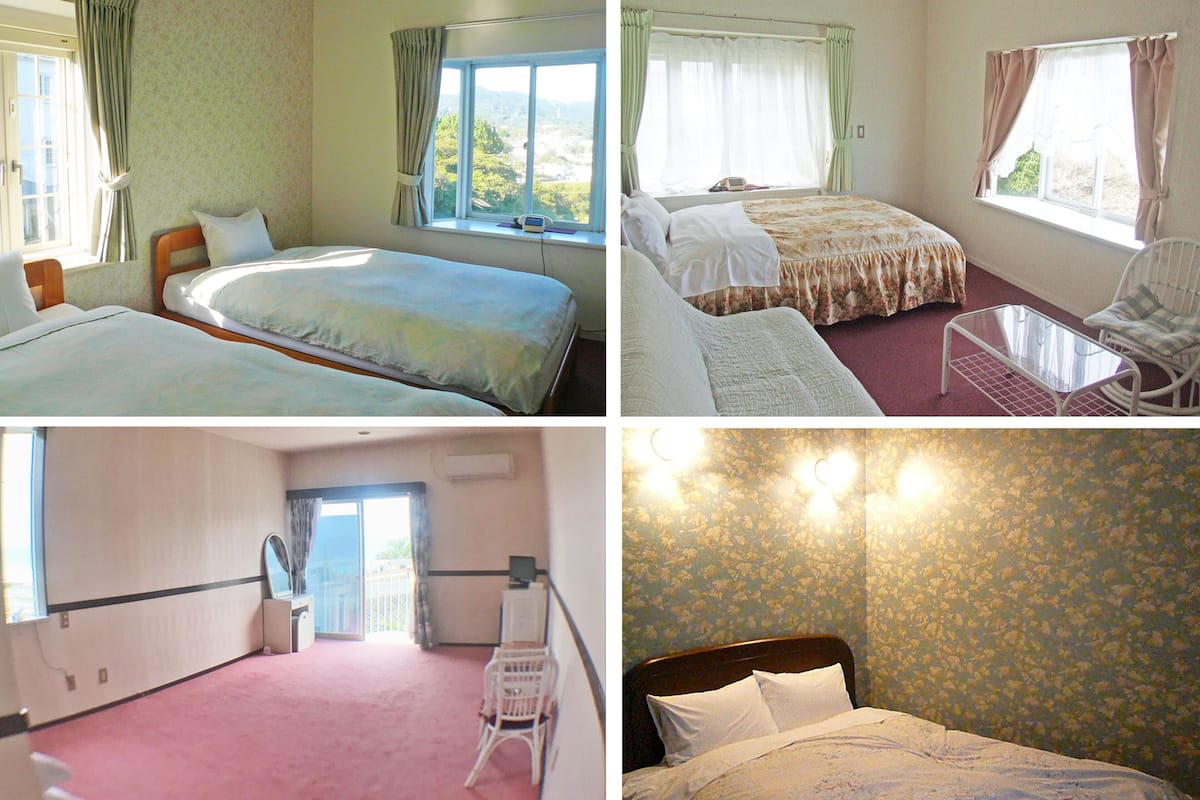 A hotel room with a bed, a chair, a window with curtains, and a view of the outdoors.