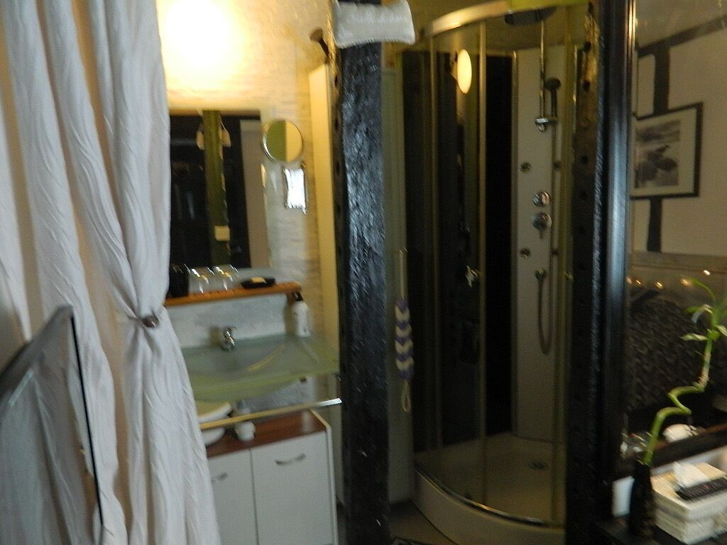 A bathroom with a glass shower enclosure, a sink, and a mirror.