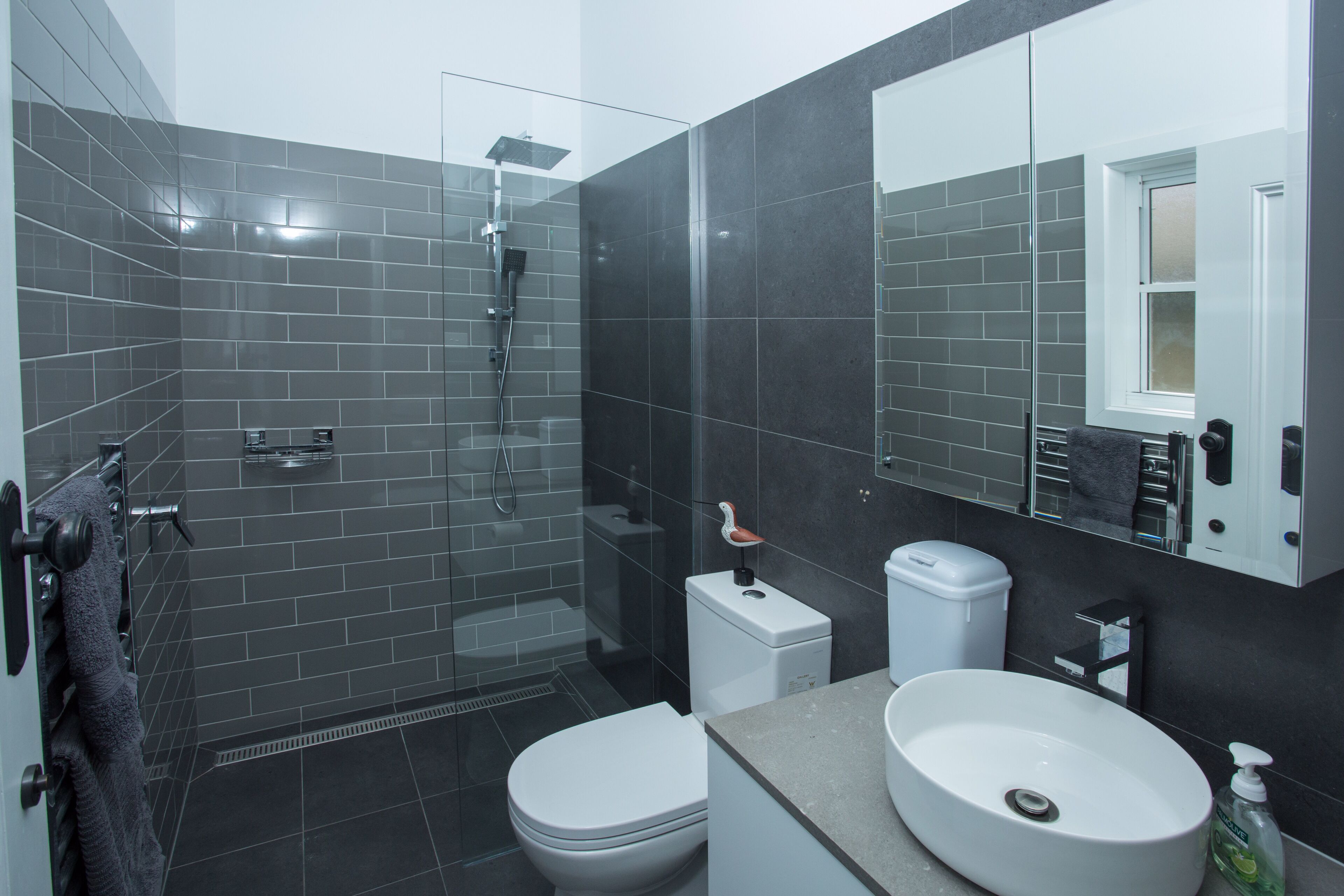 Bathtub, hair dryer, towels, soap