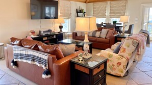 Un salon chaleureux avec un canapé en cuir marron, une table basse noire et un fauteuil à motifs. Un téléviseur à écran plat est fixé au mur, et un ventilateur de plafond est installé au-dessus.