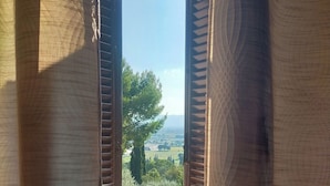 Une vue sur une piscine, de la verdure et un paysage lointain, à travers des volets ouverts.