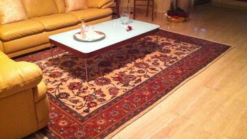 Een televisie, een open haard, boeken en een stereo