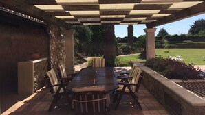 A covered patio area with a wooden table and chairs, stone walls, and a view of a landscaped garden.