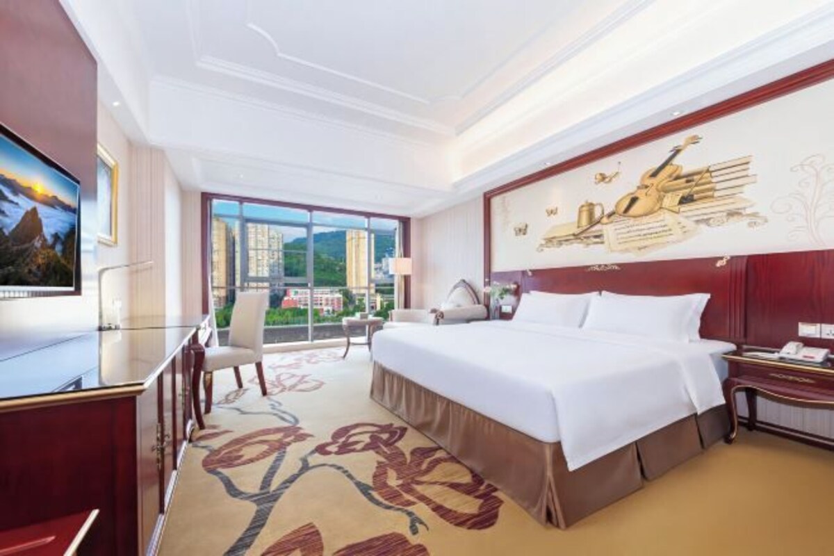 A hotel room with a large bed, a desk, a chair, a TV, and a view of the city.