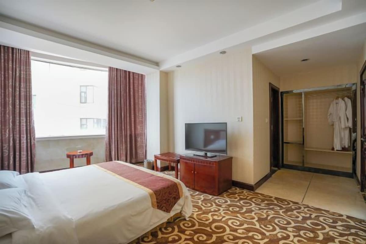 A hotel room with a bed, a television, a desk, and a walk-in closet.