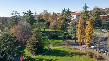 Un parc avec un sentier dallé, de l’herbe verte et des arbres aux feuilles d’automne.