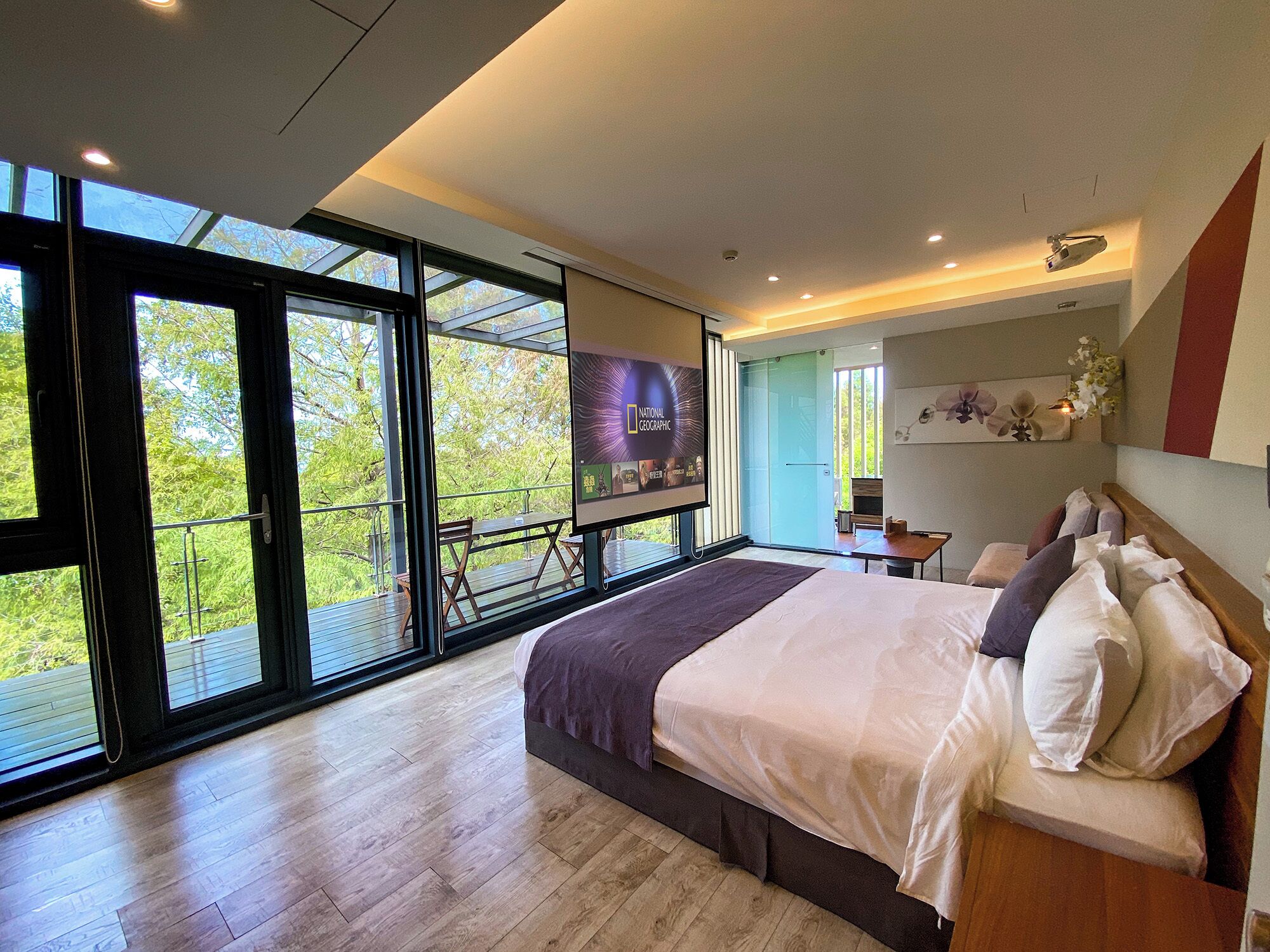 Une chambre moderne avec un grand lit, une télévision et un balcon donnant sur la verdure.