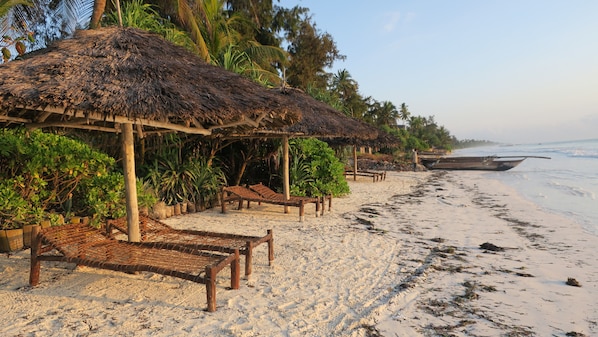 位於海灘上、白沙、浮潛、獨木舟