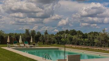 Une piscine rectangulaire bordée de pierres, entourée de pelouse et d’arbres.