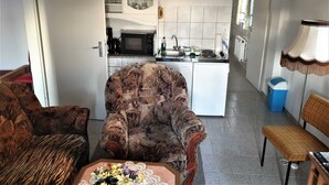 Ein kompakter Wohnbereich mit einer Couch, einem Sessel und einem kleinen Tisch mit Blumen. Im Hintergrund ist eine Küchenzeile mit Mikrowelle, Spüle und Schränken zu sehen.