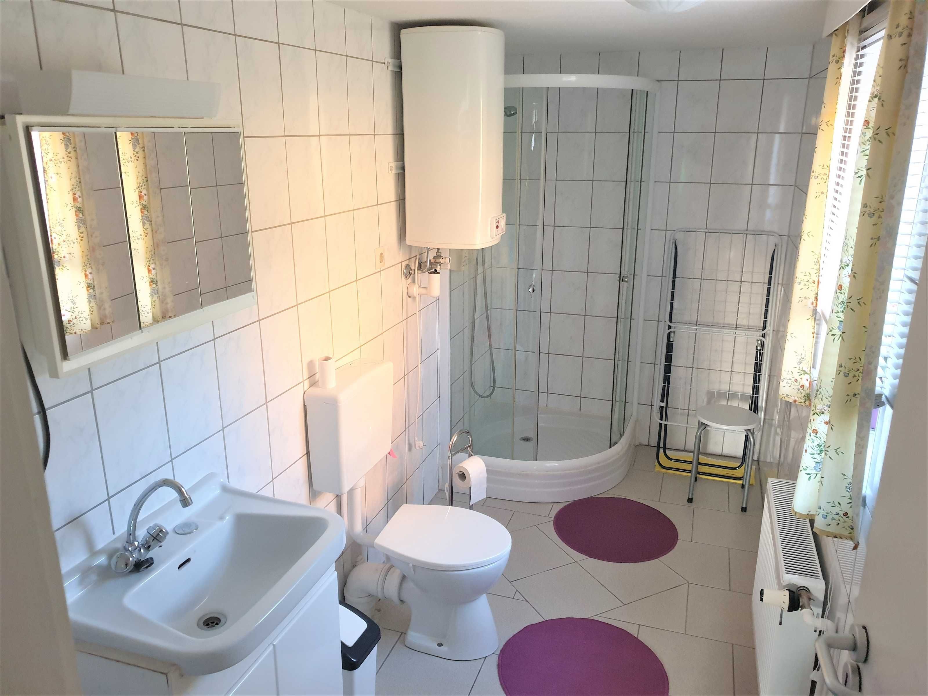 Een badkamer met wastafel, toilet, douche en spiegel.