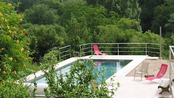 Seasonal outdoor pool, pool umbrellas, pool loungers