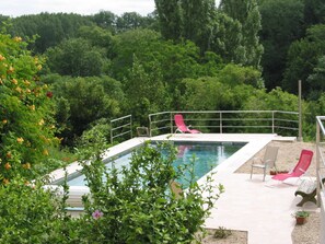 Une piscine rectangulaire bordée d’une rambarde en métal, entourée de verdure et d’arbres.