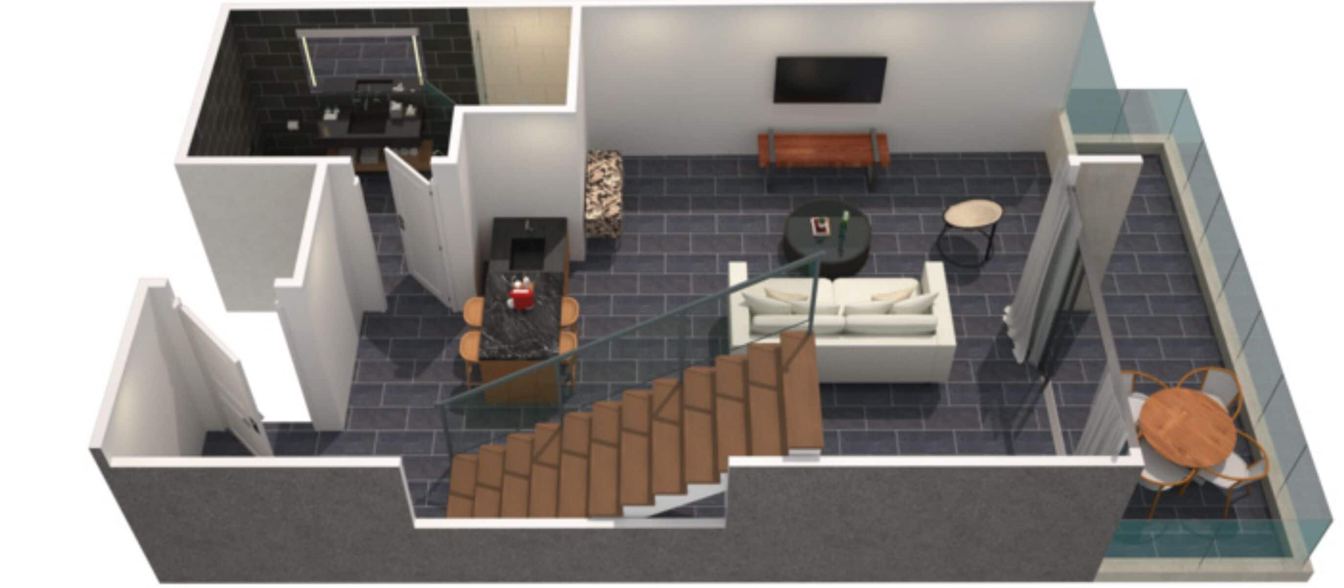 Een 3D plattegrond van een hotelkamer, met een keuken, een zithoek met een bank en salontafel, een eetgedeelte met een tafel en stoelen, en een trap.
