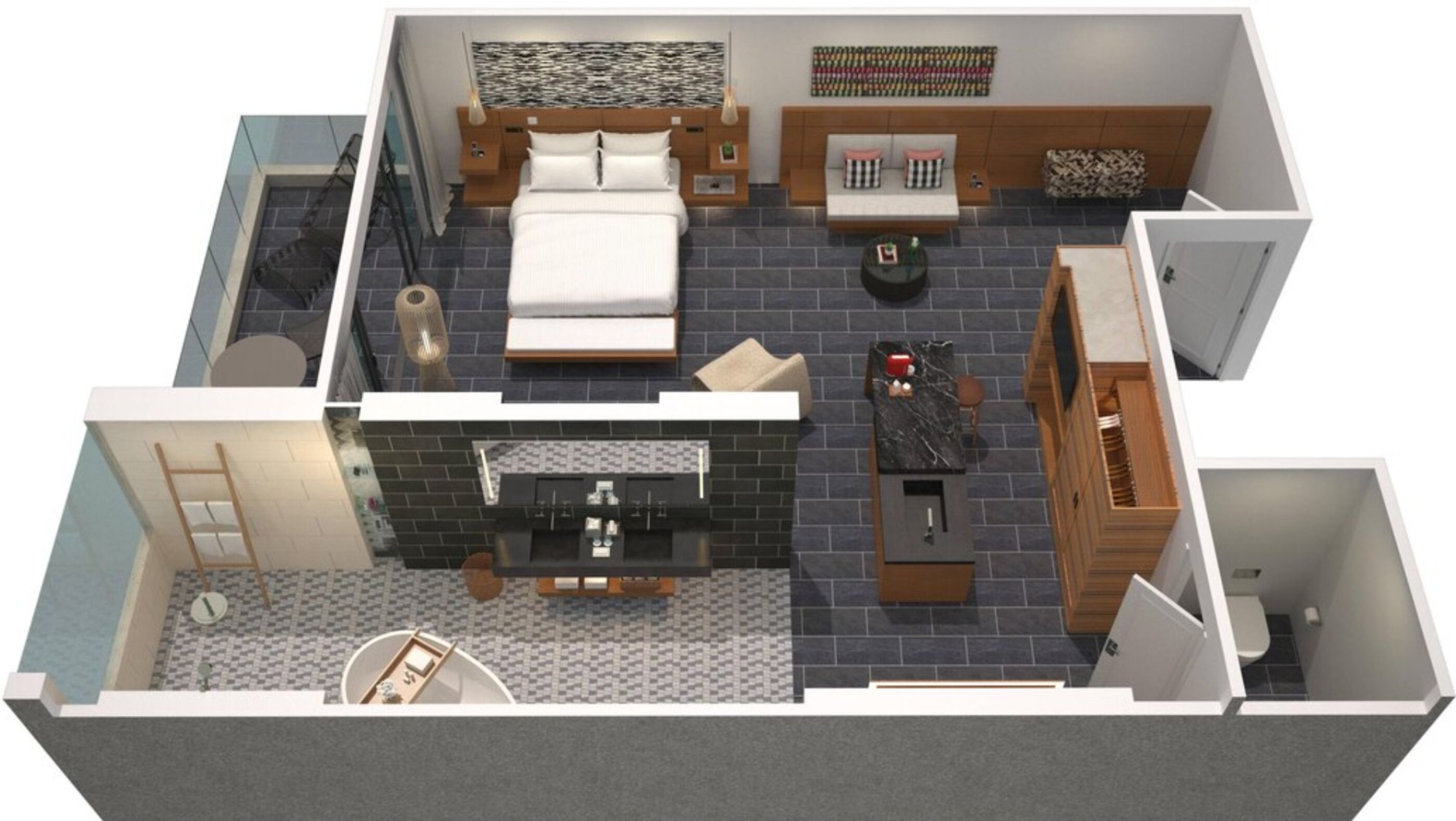 A 2-bedroom apartment layout with a kitchen, dining area, and a small bathroom.