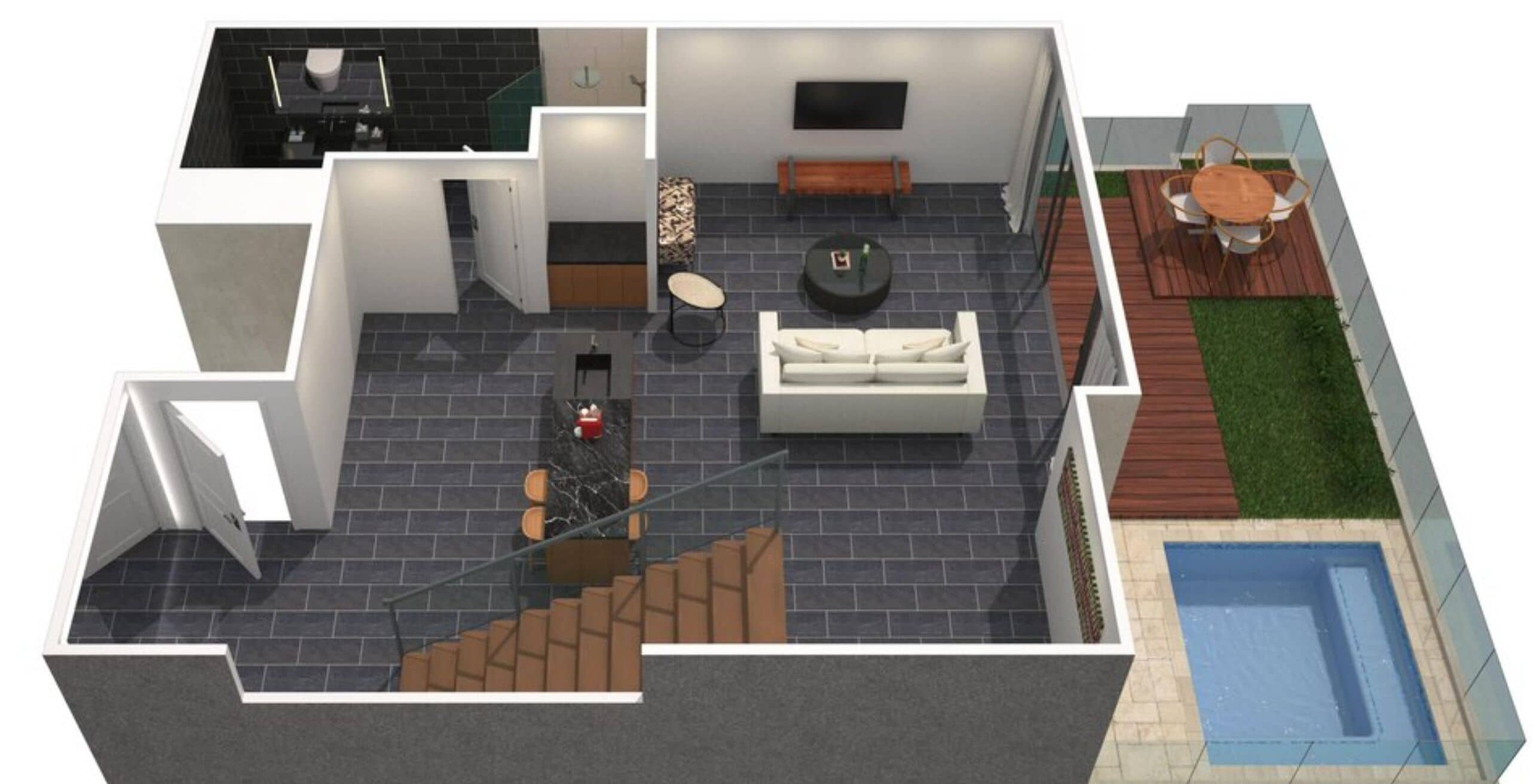 A modern apartment layout with a living area, kitchen, and a small balcony with a pool.
