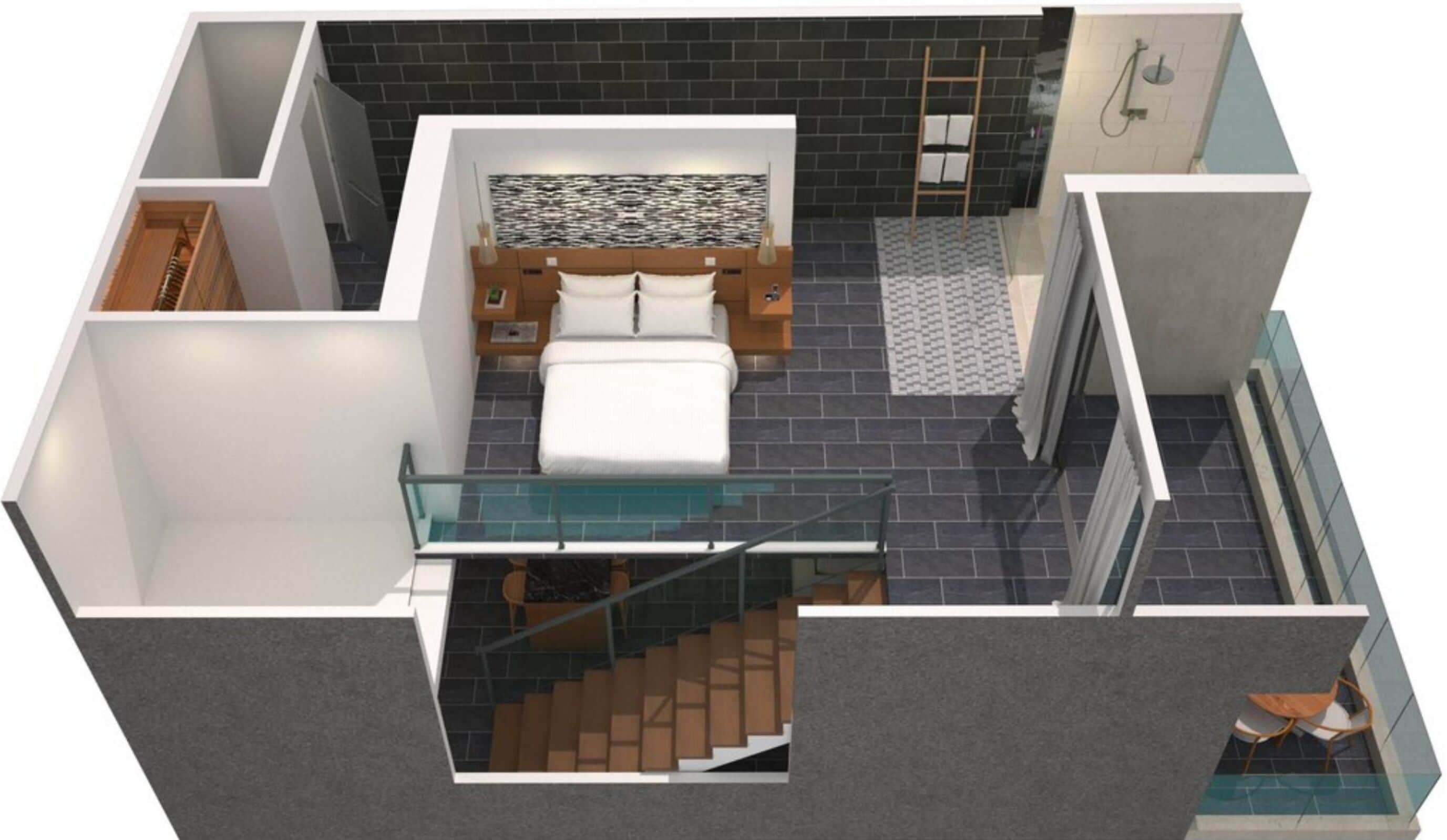 A modern apartment layout with a bedroom, bathroom, and living area.