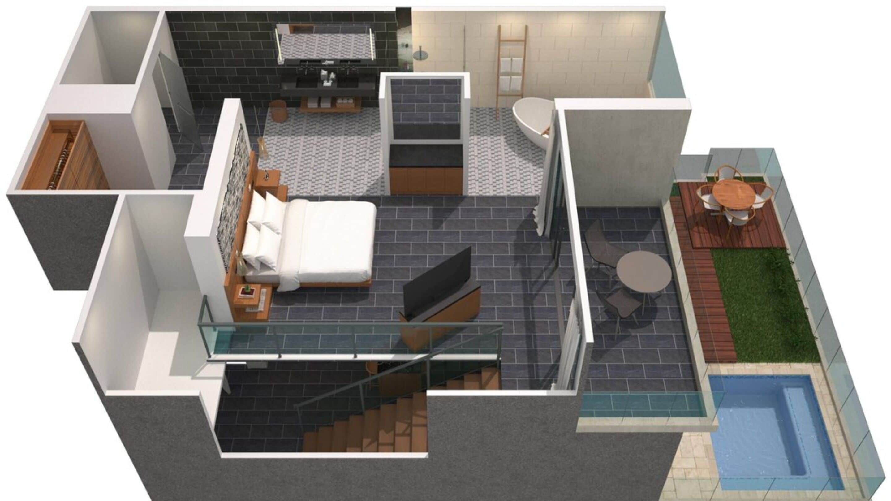 Une chambre d’hôtel moderne équipée d’un lit, d’un bureau, d’une salle de bain et d’un petit espace extérieur aménagé avec des sièges, ainsi que d’une piscine.