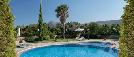 Seasonal outdoor pool, pool umbrellas, pool loungers